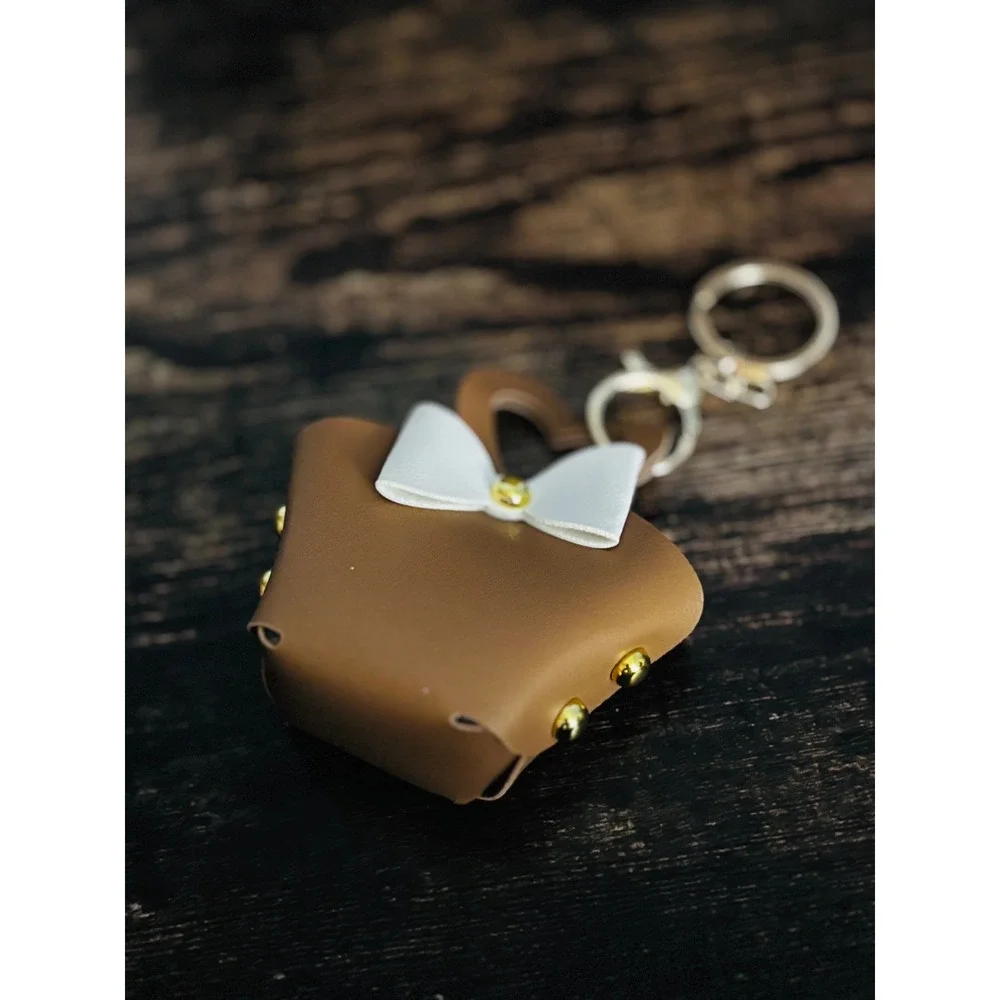 Brown Faux Leather Mini Tote Bag Keychain Charm with White Bow and Gold Studs